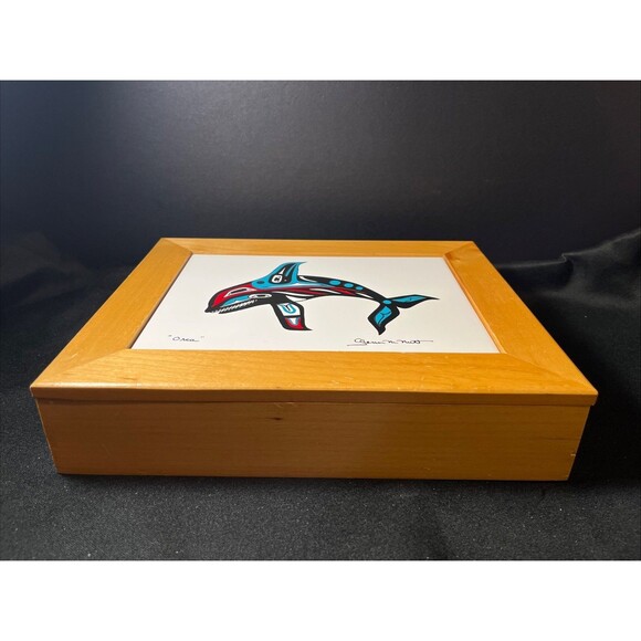 Orca Whale Tile On Handmade Wood Trinket Box By Glenn Mcnutt Alaska Native Art - Picture 7 of 13